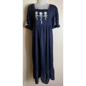 Violet Skies Womens Small Midi Dress Navy Blue Embroidered Boho Crochet Lace NEW
